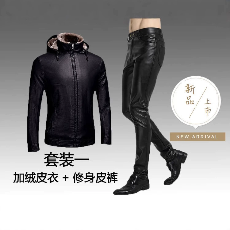 Молодежная кожаная одежда Кожаный брючный костюм, мужской зимний костюм из двух частей на флисовой подкладке, утепленная теплая мотоциклетная кожаная куртка больших размеров