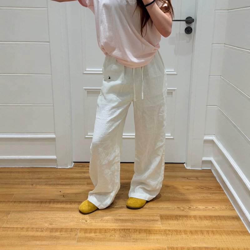 In-Stock Rl Horse Logo Embroidered Linen Wide-Leg Pants for Women, Breathable Elastic Waist Drawstring Straight Casual Long Pants with Pony Logo