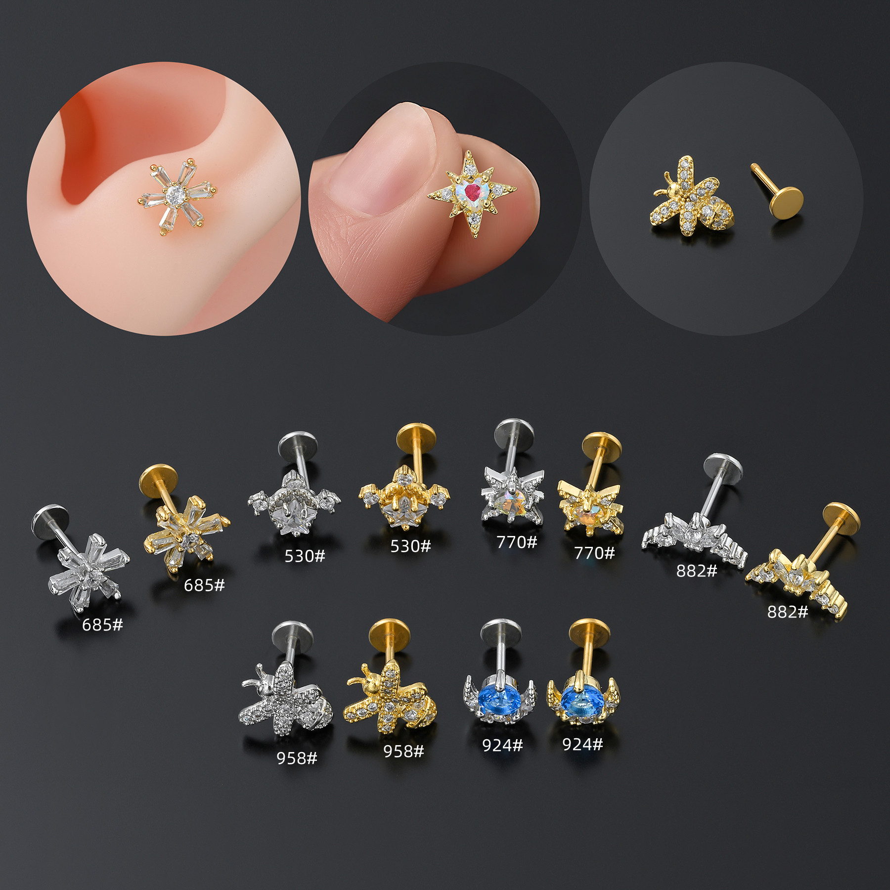 Cross-border best-selling flat bottom earrings, stainless steel rods, pierced threaded ear bone nails, micro-inlaid zircon geometric lip nails for women