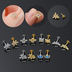 Cross-border best-selling flat bottom earrings, stainless steel rods, pierced threaded ear bone nails, micro-inlaid zircon geometric lip nails for women