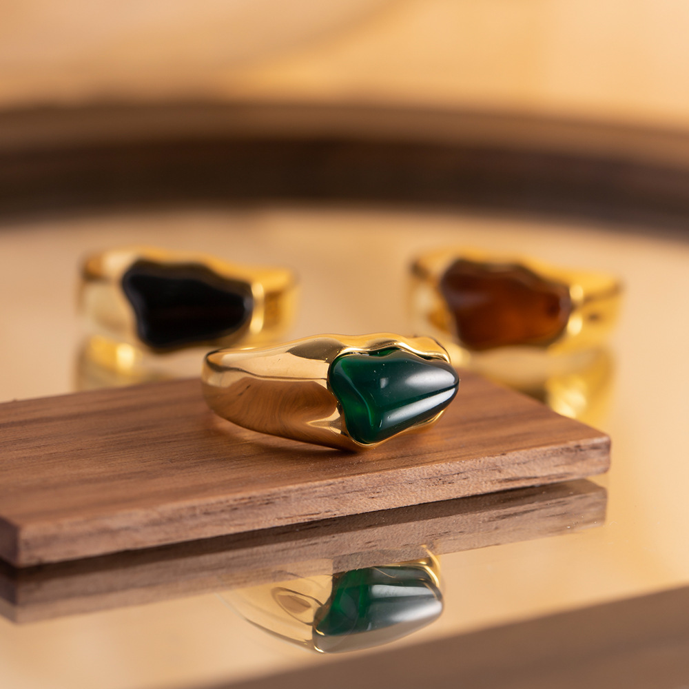 Retro Irregular Stainless Steel Inlay Natural Stone Rings 1 Piece
