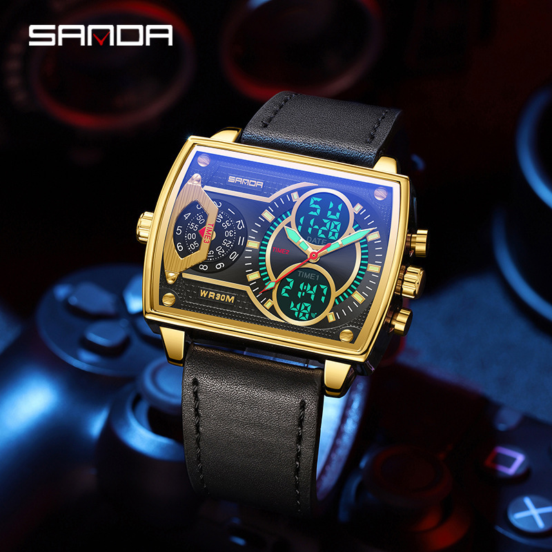 Sanda sanda6032 Harajuku estilo reloj electrónico doble pantalla multifuncional cinturón hombres moda cuadrado reloj personalizado