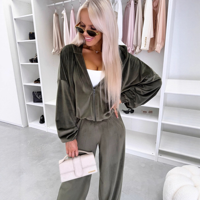 Amazon Fashion Autumn Zipper Hooded Sports Cardigan Long Wide Leg Pants Two-Piece Casual Suit