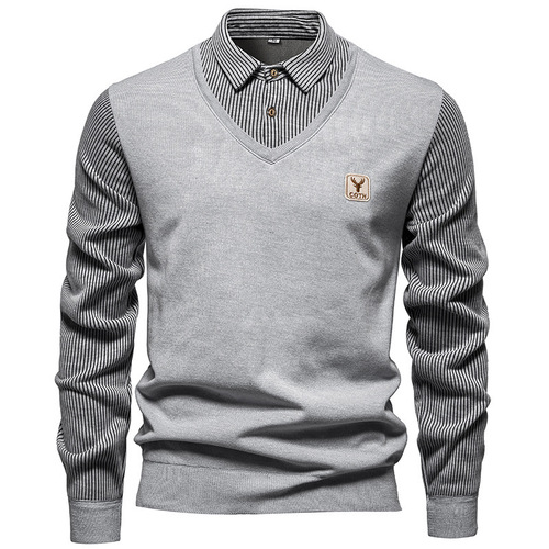 Men's Long Sleeve Two-Piece Woolen Cardigan Fashion Fleece Striped Shirt Knit Crew Neck