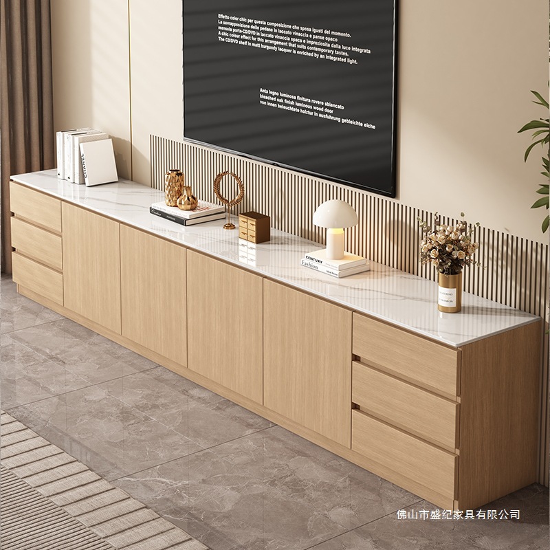 Solid Wood Tv Cabinet Living Room Home Floor-Standing 2024 New Light Luxury Slate Tv Cabinet High Cabinet Integrated