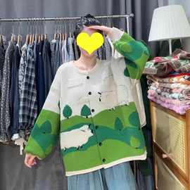 森系可爱小绵羊刺绣开衫毛衣女2025秋冬新款韩版宽松软糯针织外套