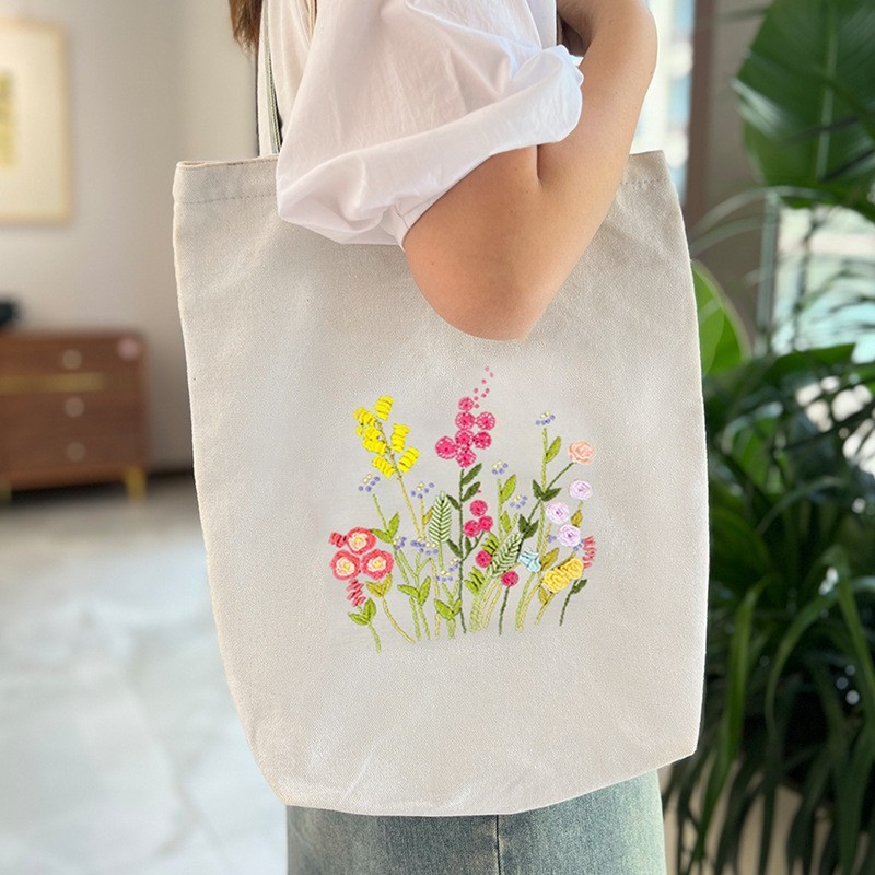 Hecho a mano DIY cinta bordada bolsa de lona Lu bordado solo hombro bolso tridimensional bordado flor lienzo mujer bolsa grande