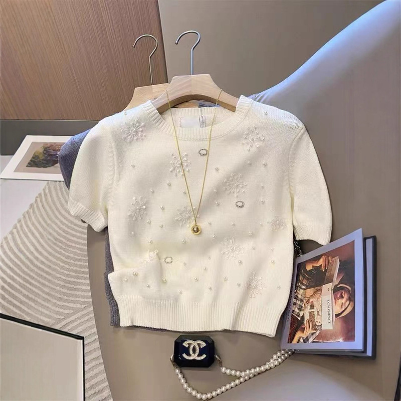 French Gentle Style Heavy Beaded Short-Sleeved Knitwear for Women New White Elegant Round Neck Top Ins