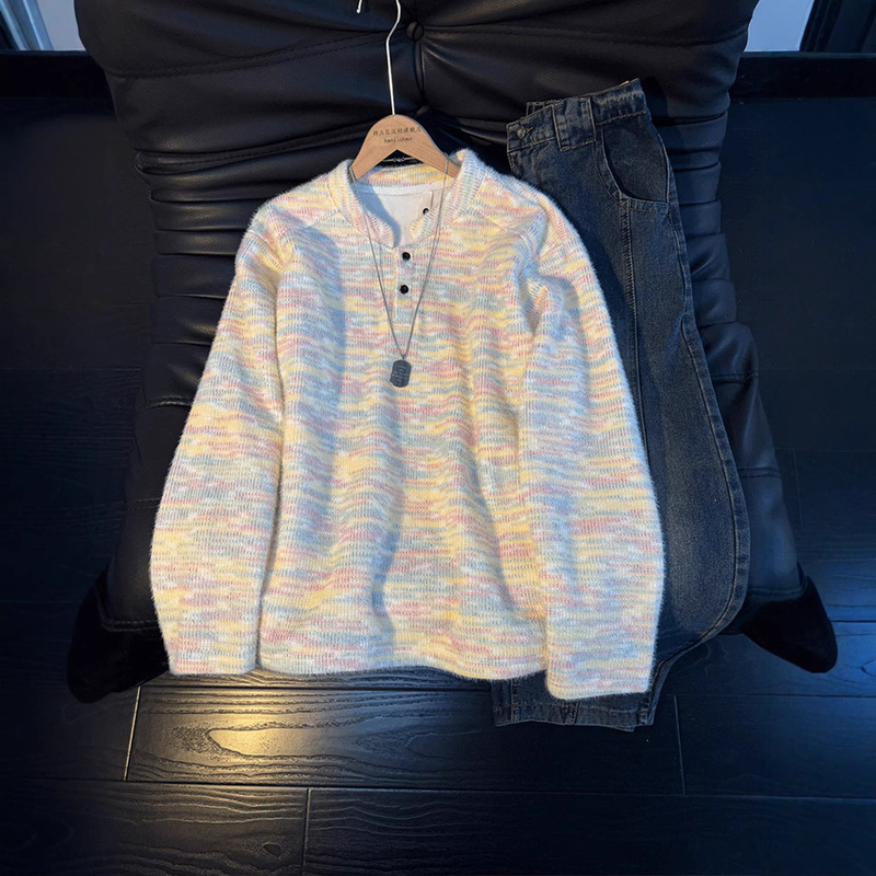 Rainbow-Colored Henry Collar Knit Sweatshirt for Men, Spring Couple's Inner Layer Base Shirt, High-End Feel, Regular Shoulder Long-Sleeve T-Shirt
