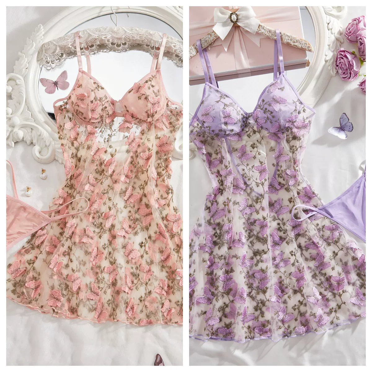 性感纯欲风情趣内衣 网纱刺绣连衣裙镂空吊带批发代发甜美睡衣