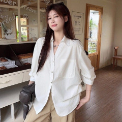 宽松polo领白色长袖衬衫女装秋季小众衬衣韩系慵懒松弛感开衫上衣