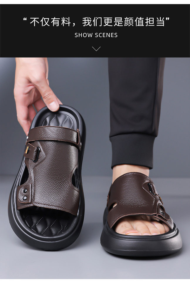 Dép sandal nam da bò lớp đầu đế dày xốp, quai hở ngón kiểu lười thoáng khí — G2S562 màu nâu, G2S562 màu đen chi tiết 13