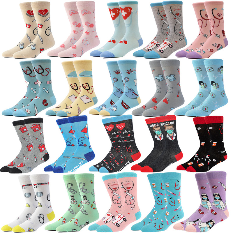 Amazon Foreign Trade Fashion Women's Socks European and American Cross-Border Popular International Nurses' Day Dentist Jacquard Mixed Color Mid-Calf Cotton Socks