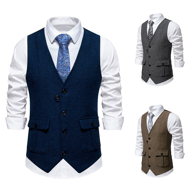 2024 Frühjahr/Sommer neuer Fischgräten-Wollanzug für Herren mit V-Ausschnitt_voghion.com