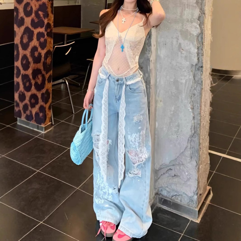 2025 Summer New Women's Fashion Heavy-Duty Plus-Size Denim Wide-Leg Pants High-Waisted Niche Lace Ripped Denim Floor-Length Pants