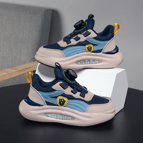 Children's Sport Shoes Autumn New Leather Surface Kids Sports Shoes For Older Children Soft Sole Anti-Slip Rotation Button Shoes