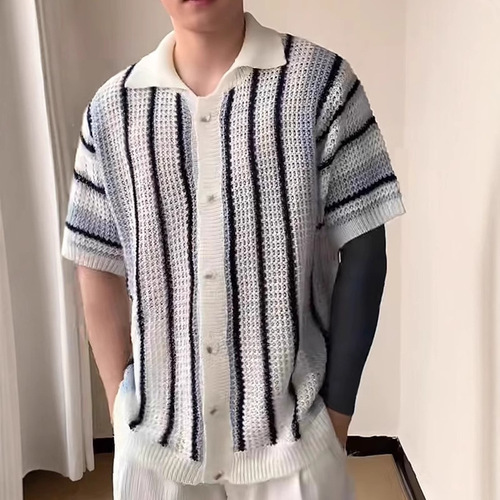 Men's Mesh Sheer Striped Knit Open-Front Top with Relaxed Fit Casual Workwear Crewneck T-shirt