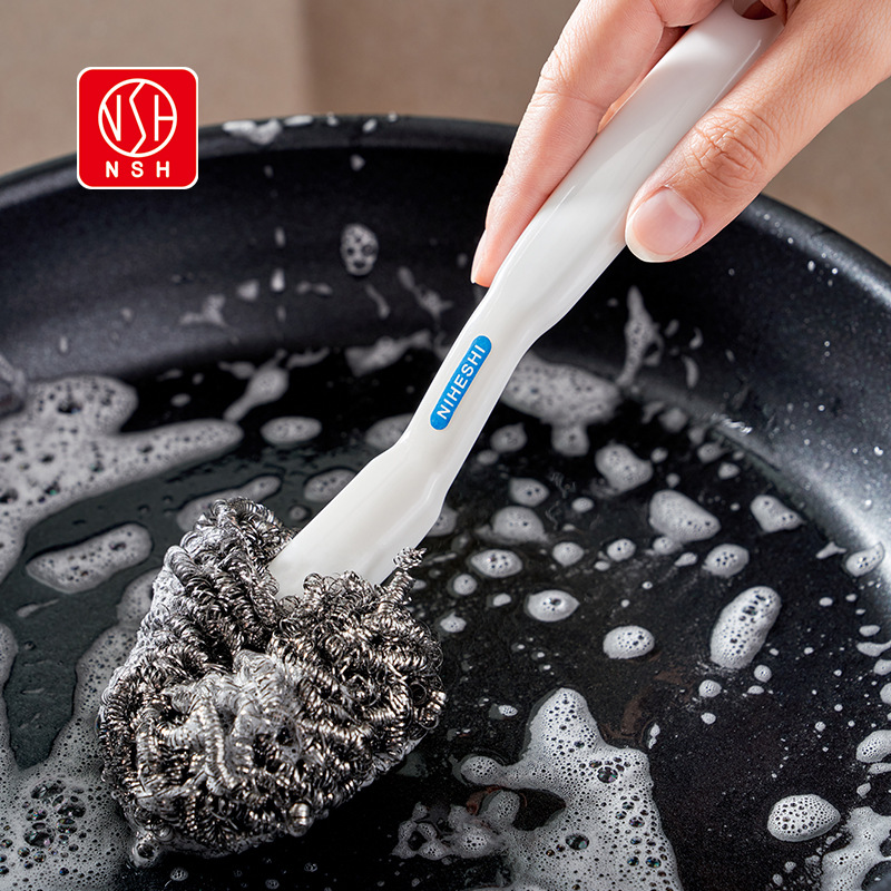 Pot Brush Kitchen Special Pot Washing Dishwashing Artifact Pot Washing Brush Long Handle Cleaning Oil Steel Wire Brush Household Steel Ball Brush