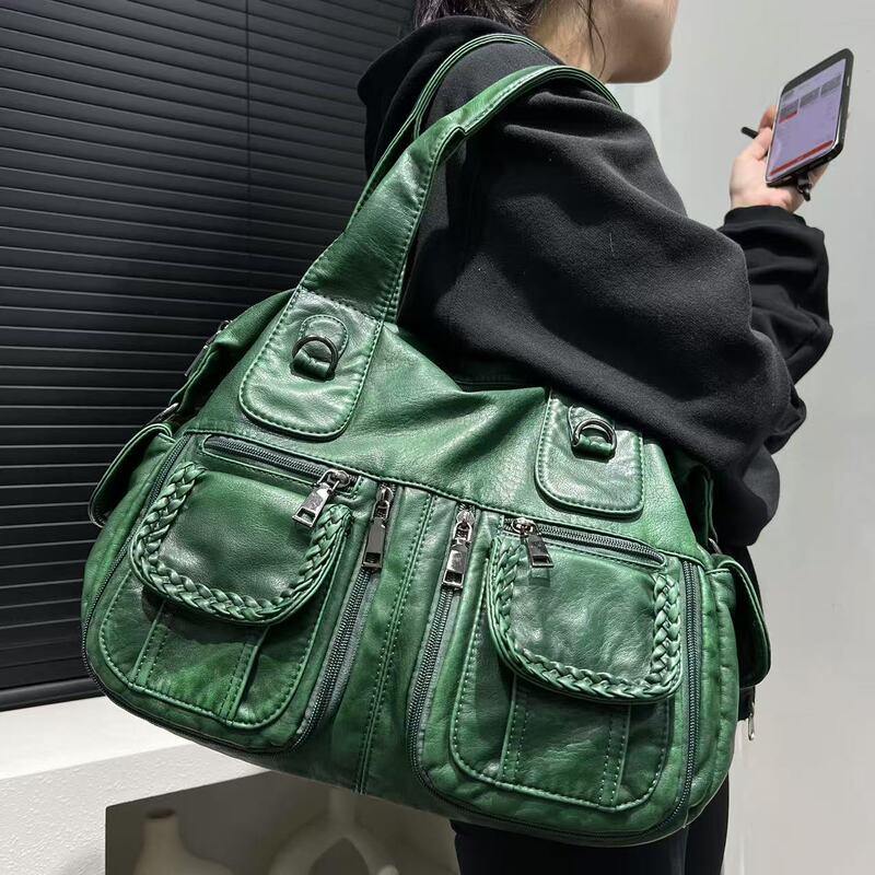 クロスボーダーTEMU専用レディースファッションY2Kギャルマルチポケット水洗いトートバッグ大容量オールドショルダーバッグ|undefined