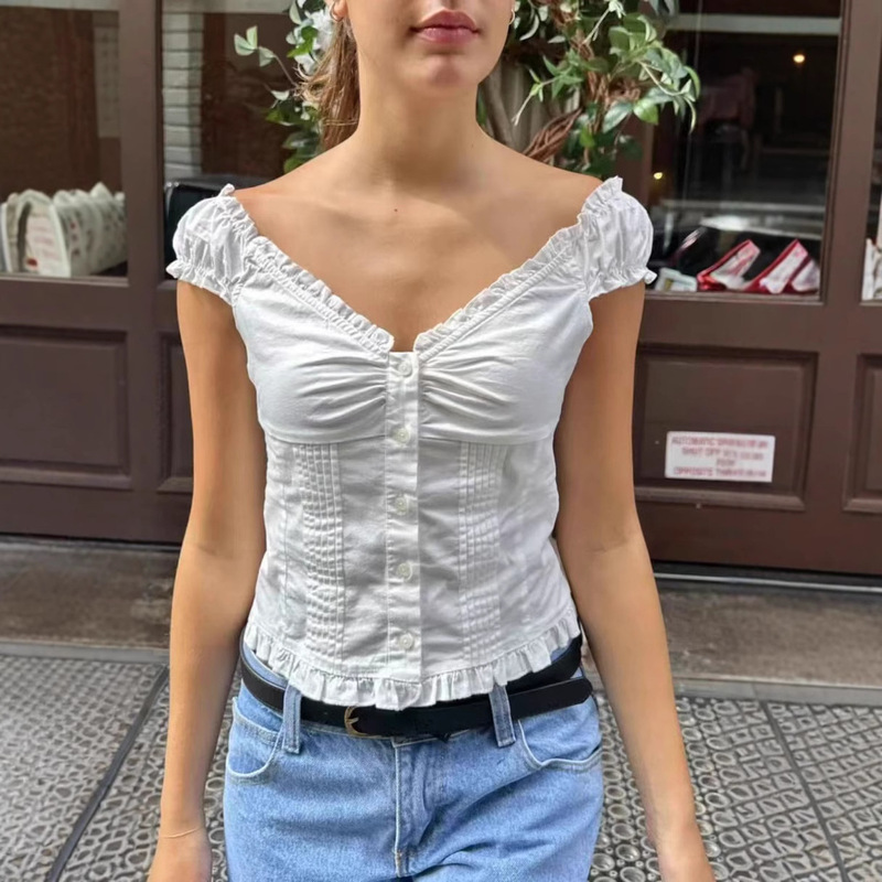 Bm Ten-Color American Pleated Preppy Style Fresh and Sweet Cardigan Top Bmv-Neck Waist-Cinching Women's Short-Sleeved Shirt