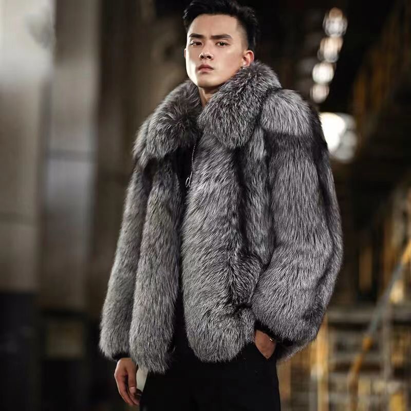 Autumn and Winter Men's Silver Fox Faux Fur Short Coat 2025 New Style Elegant and Fashionable Mink Fur Thickened Warm Coat