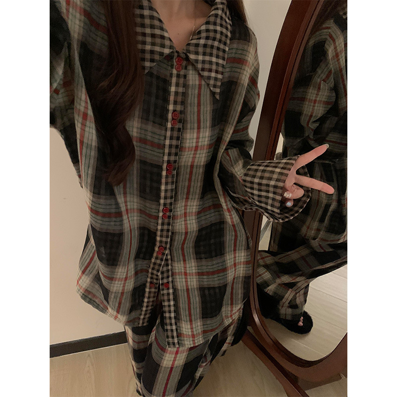 Girl's High-grade Contrast Color Shirt Pajamas Spring and Autumn Women's Loose plus size Long-sleeved Trousers Home Clothes suit Outer Wearing