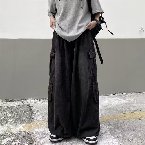 Stylish straight-leg workwear washed mid-rise trendy long pants hip-hop jeans loose straight-leg fashionable autumn and winter men