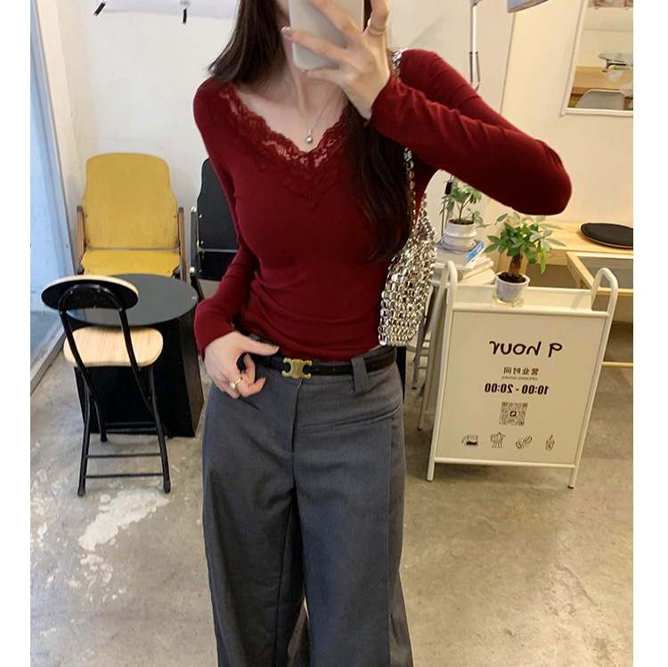 V-Neck Slim-Fit Blouse for Women 2025 Autumn and Winter Pure Desire Style Base Shirt Top 2026 New Model Cross-Border Comfortable Casual Wear