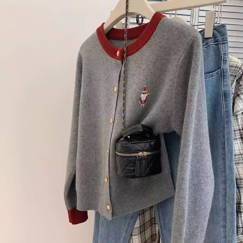 카디건 여성 100 순수 양모 스웨터 2024 가을 유럽 상품 크리스마스 레드 캐시미어 니트 겨울베이스 스웨터 재킷