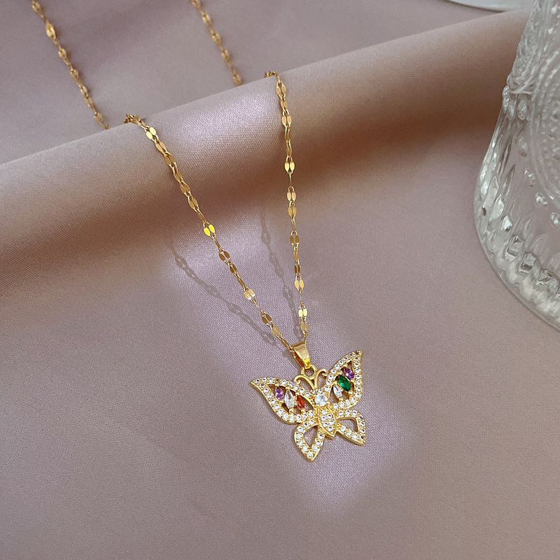 Ethnic Style Butterfly Titanium Steel Copper Inlay Zircon Pendant Necklace 1 Piece
