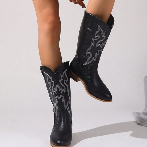  Cross-border Mid-Calf Embroidered Martin Boots for Women, Ethnic-style Fashion Boots for Ladies, Embroidered Chunky-Heel Long Boots for Women
