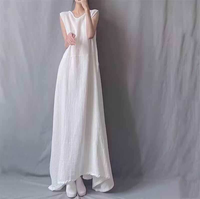 Black and White Minimalist Round Neck Pullover Extra Long Vest Dress with Lace-Up Back, Elegant Sleeveless Dress with Irregular Hem Long Skirt