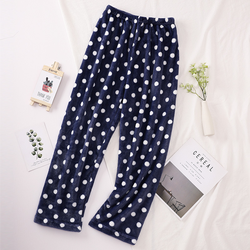 Pantalones de pijama para mujer de otoño e invierno, pantalones largos de franela, ropa de estar de forro polar coral, venta al por mayor de una sola pieza, ropa de casa cálida y dulce.