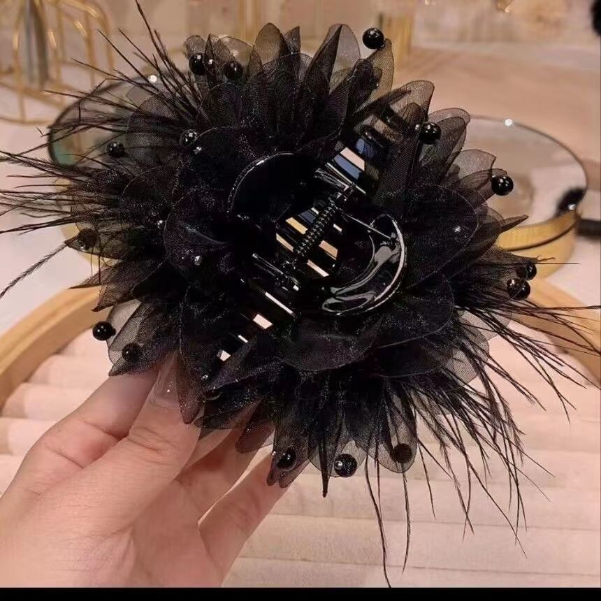 New peony feather flower clip high-looking light luxury fashion shark clip clip Western style hairpin top grade