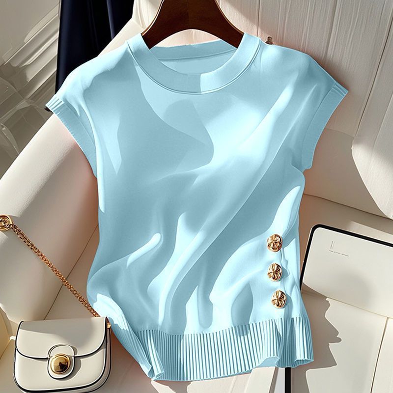 Women's Light Luxury Pink Knit Top Round Neck Sleeveless T-Shirt French Style Summer Chic Fashion For Youthful Women_voghion.com