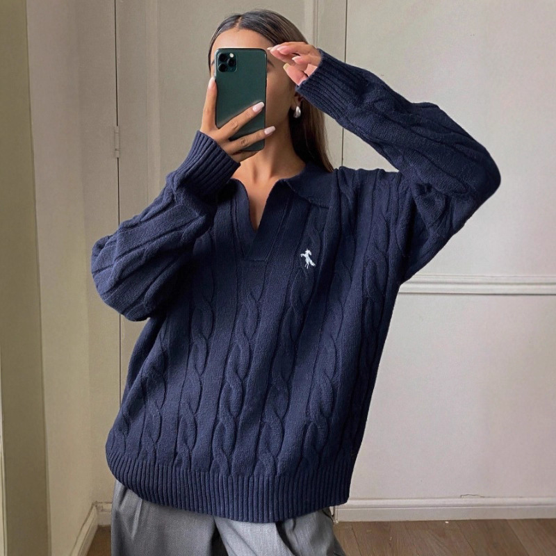 Cross-Border Women's Cable-Knit Polo Shirt with Chest Embroidery, Loose Fit, Early Autumn Lazy Style, Turn-Down Collar Sweater Cross-Border Women's Cable-Knit Polo Shirt with Chest Embroidery, Loose Fit, Early Autumn Lazy Style, Turn-Down Collar Sweater