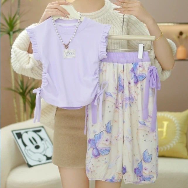 Girls' 2025 New Summer Casual Short-Sleeved Sleeveless Two-Piece Set