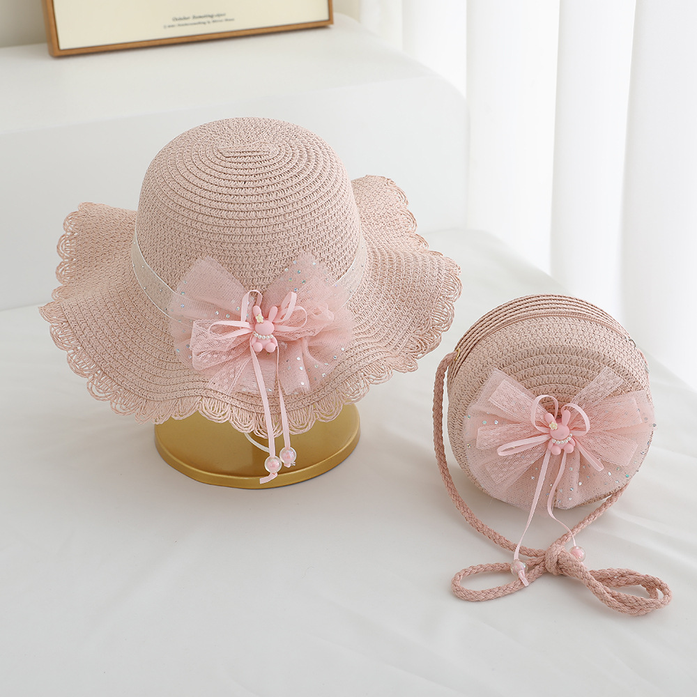 Verano nuevo sombrero para niños sombreado sombrero de paja bolso de dos piezas lindo encaje flor niña sombrero de playa al por mayor
