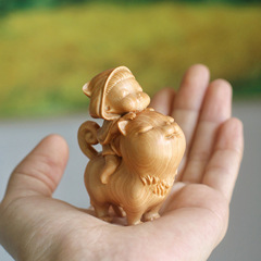 Cliff Cypress Wood Carving White Night Fairy Tale Handheld Item, Internet Celebrity Style Akita Dog and Cat Bell Desk Decorative Gift