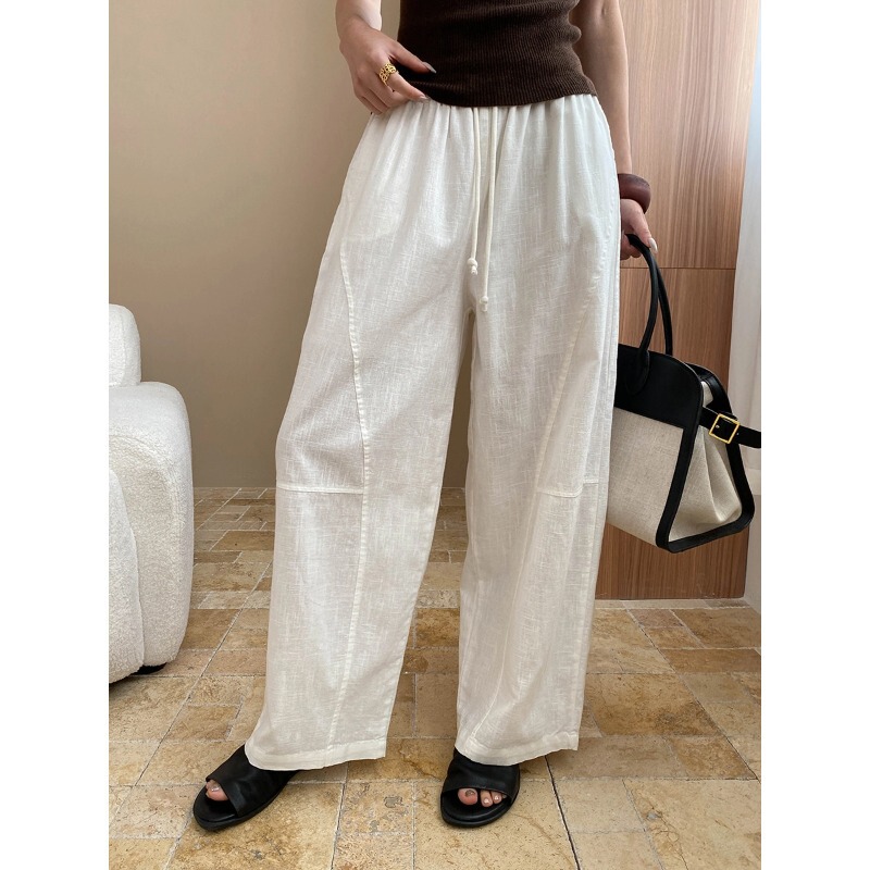 Sinnan Early Autumn New Style Ramie Relaxed Tone Scimitar Cut Elastic Waist Granny Wide Leg Pants Sn6816
