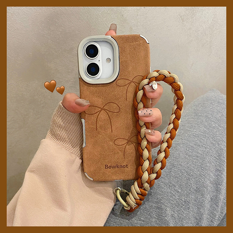 Three Bow Designs Suitable for Apple 17 Autumn and Winter Phone Cases, iPhone 15 Protective Cover, 14 Brown, 16 Leather Texture, 13