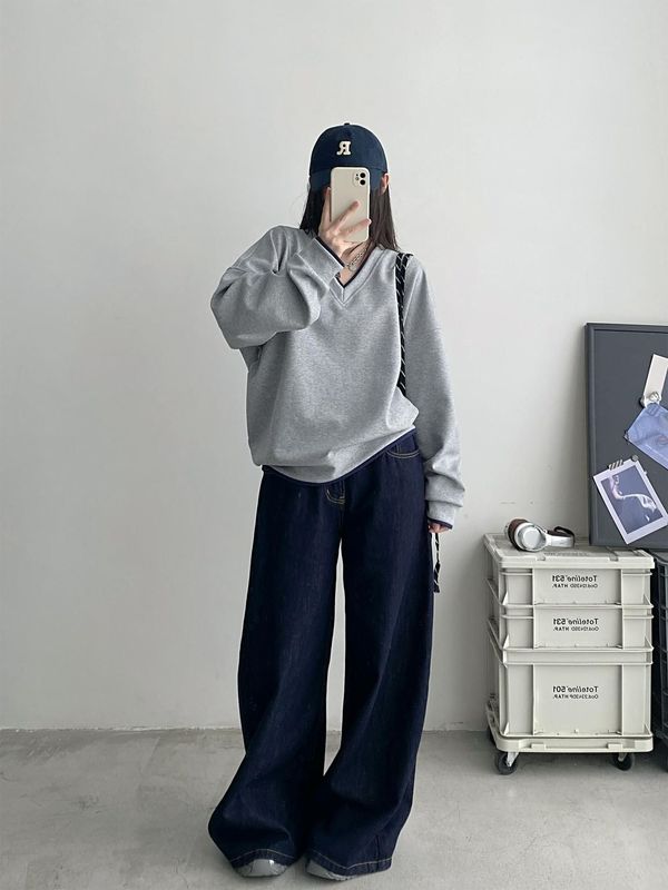 美式复古v领卫衣女2025秋冬季新款宽松休闲慵懒风灰色假两件上衣|undefined