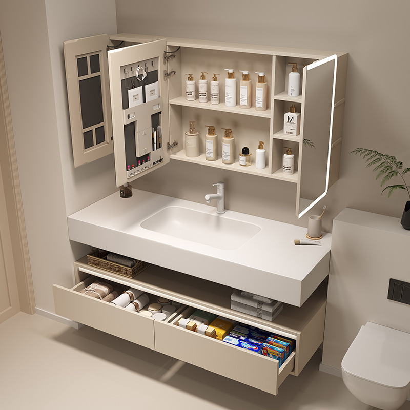 Gabinete de baño sin costura de dos capas de tablero de roca, cajón de baño, lavabo, lavabo, lavabo de lavado de cara, lavabo de abeja combinado