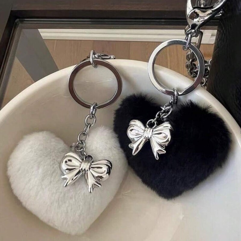 Korean Ins Sweet Girl Plush Heart Bow Chain Pendant Decoration Girl Heart Key Bag Pendant