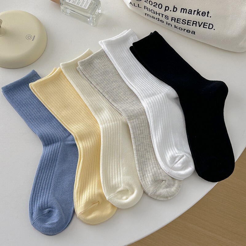 Ins Fashionable Socks Women's Vertical Strip Japanese Style Solid Color Mid-length Socks Korean Style Simple Milk Game Striped All-match Piled Stockings
