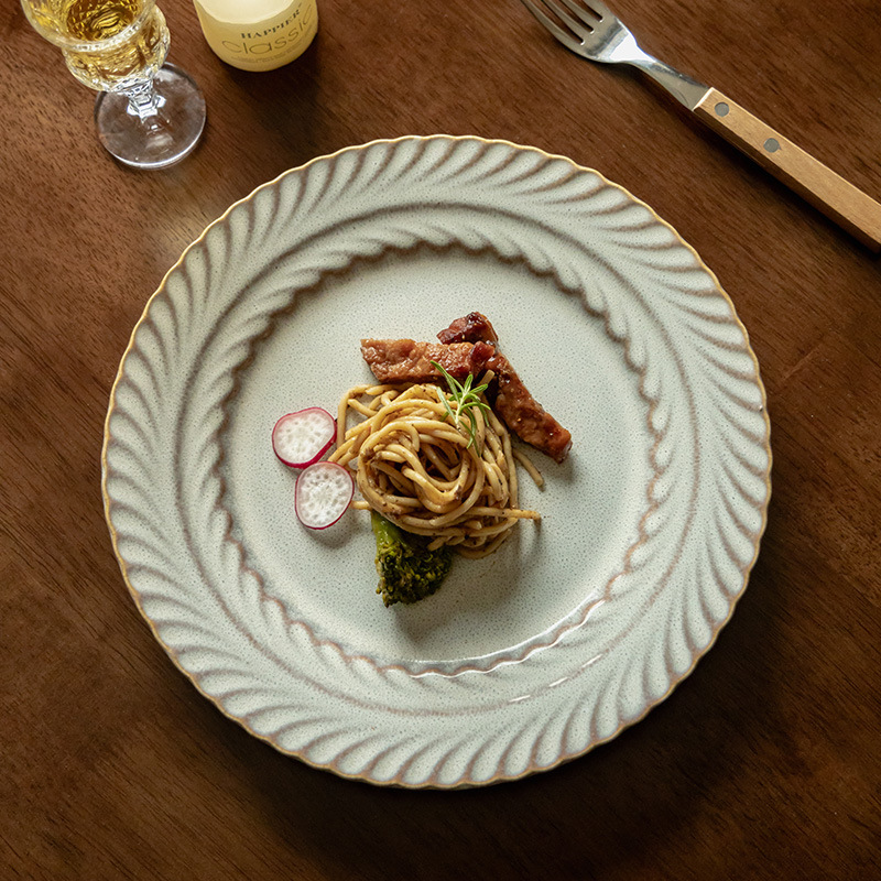 Platos de espigas de trigo en relieve platos de cerámica domésticos platos de restaurantes japoneses retro platos de pasta platos platos redondos al por mayor