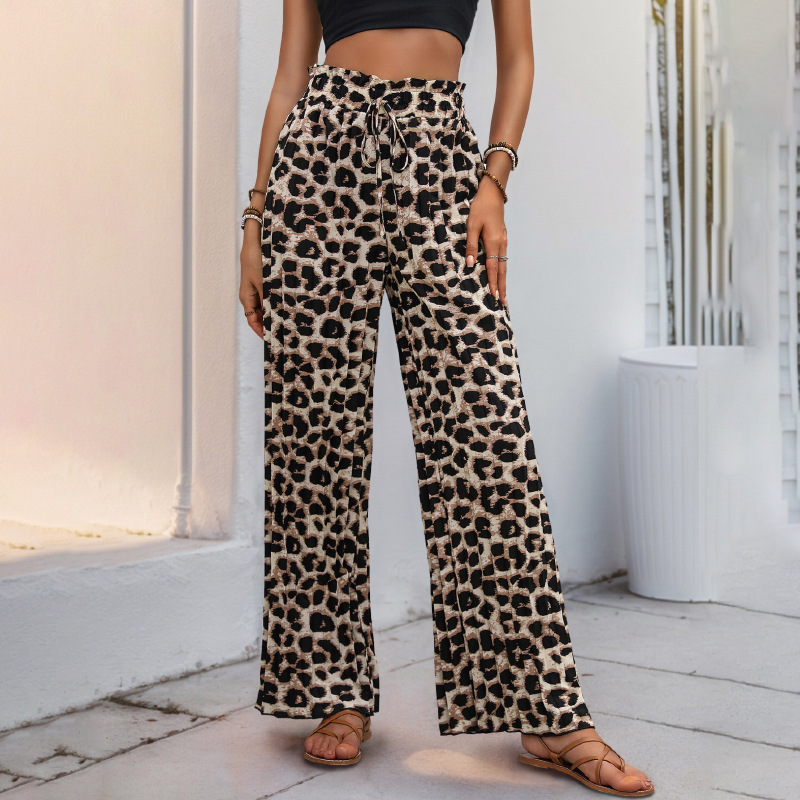 Amazon Foreign Trade Lace-Up Pants 2026 Summer New European and American Fashion Leopard Print Cross-Border Pleated Wide-Leg Pants for Women