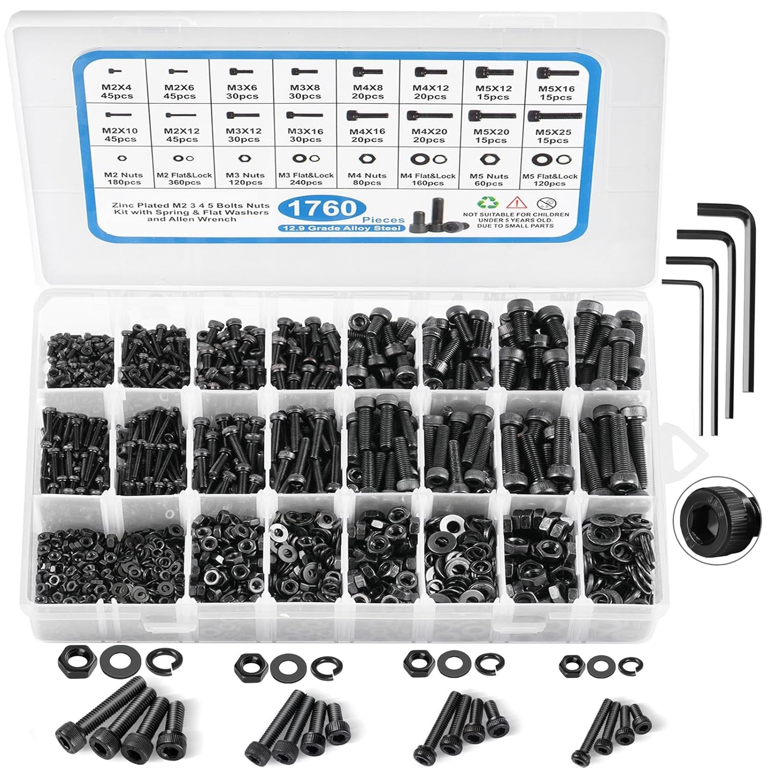 1760件M2M3M4M5公制螺丝分类12.9级合金钢六角套筒头螺栓和螺母套