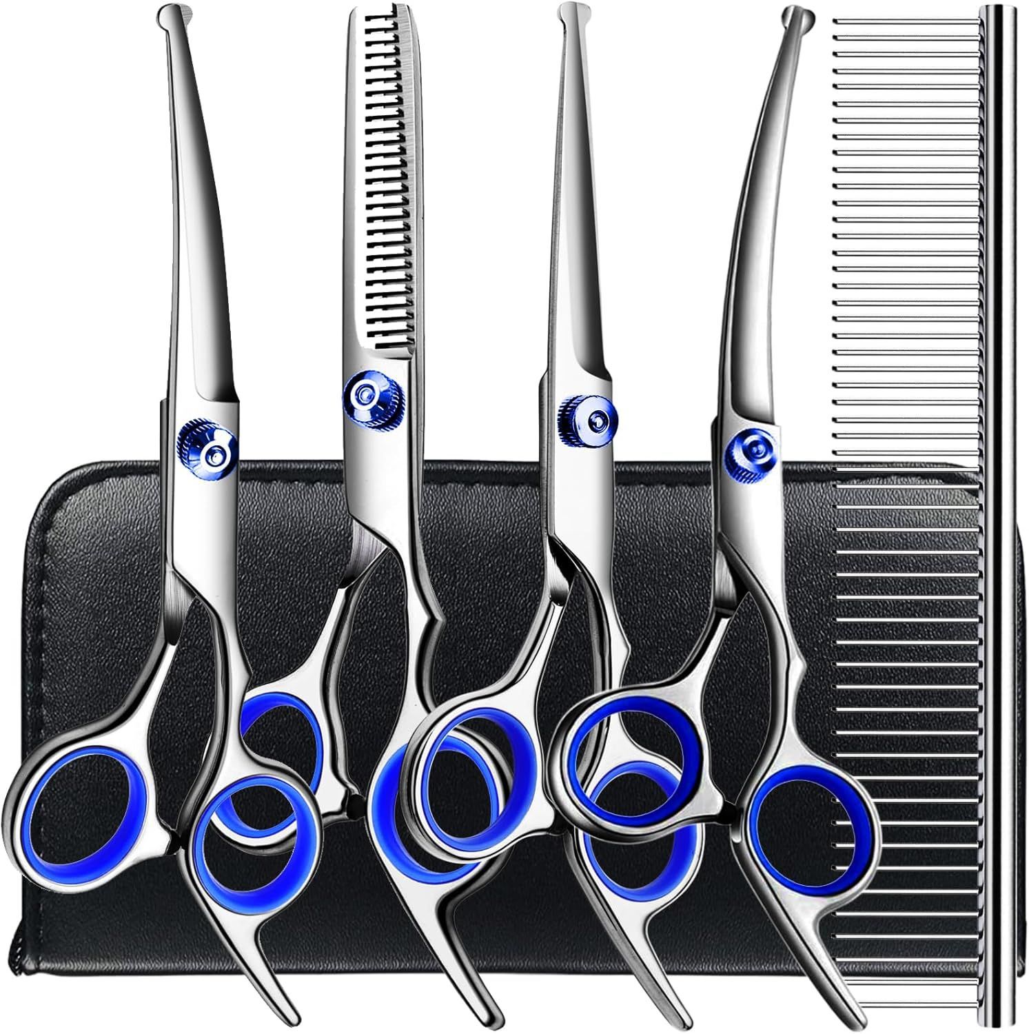 Fish mouth blue screw blue circle - flat scissors + dental scissors + upper warping + lower warping + steel comb + leather bag