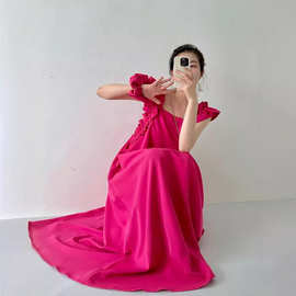 超仙树莓子酱霓虹粉无袖木耳边宽松连衣裙夏季显白宽松长裙沙滩裙